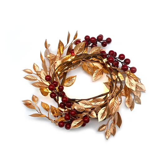 18ct. Warm White LED Red Berry & Gold Leaf Garland String Lights on Brown Wire by Ashland®